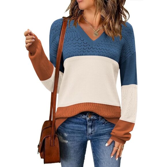 Sweaters - Womens Sweater Lightweight Knit V Neck Long Sleeve Crochet Casual Top